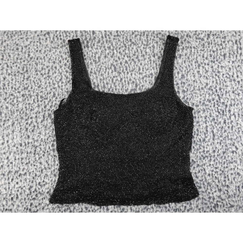Cache Beaded Tank Top Womens Black Vintage Evening Glam Sequin Shell Zipper Back